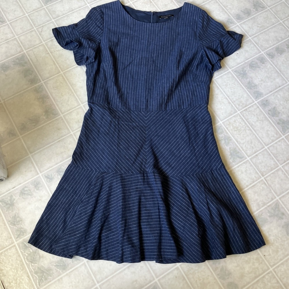 BANANA REPUBLIC Blue Pinstripe Linen Blend Dress Preppy Gorpcore Nautical Sz 14